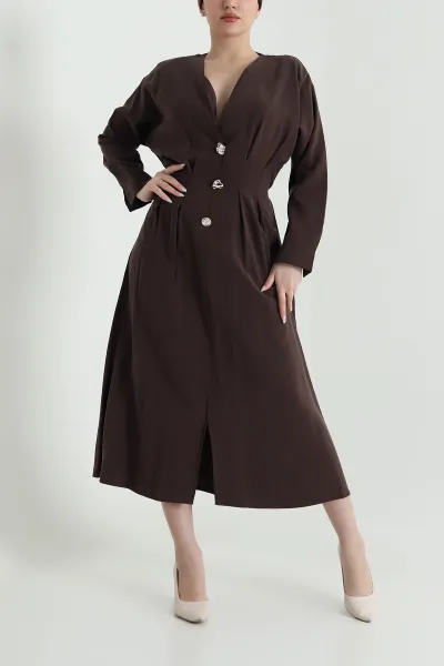 Kahverengi Yırtmaçlı Tencel Kadın Elbise 449039