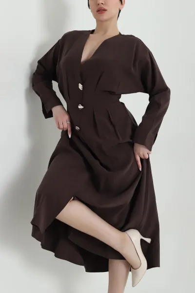kahverengi-yirtmacli-tencel-kadin-elbise-449039