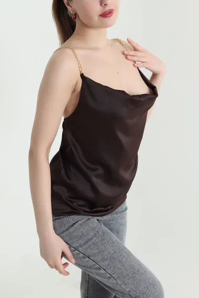 Kahverengi Zincir Askılı Kadın Saten Bluz 443536