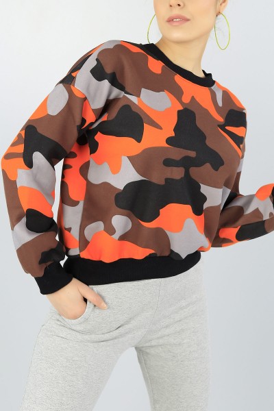 Kamuflaj Desenli İçi Şardonlu Bayan Sweat 53418