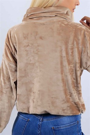 Kapşonlu Sütlü Kahve Kadife Bayan Sweat 10816B