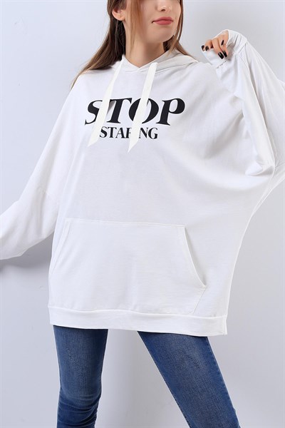 Kapüşonlu Beyaz Sweat 17592B