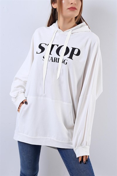 Kapüşonlu Beyaz Sweat 17592B