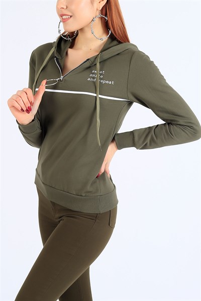 Kapüşonlu Haki Yarım Fermuar Sweat 25511B