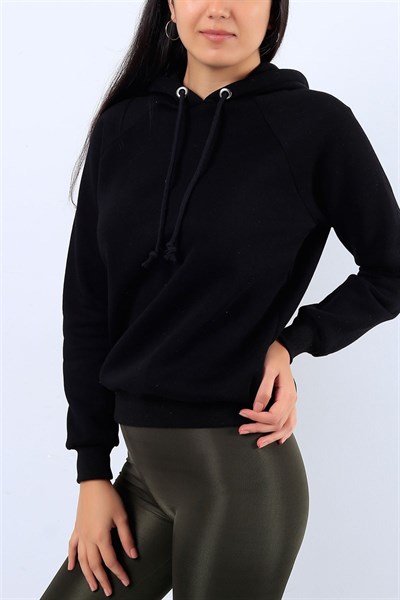 Kapüşonlu İçi Şardonlu Siyah Bayan Sweat 41898