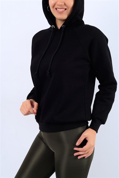 Kapüşonlu İçi Şardonlu Siyah Bayan Sweat 41898