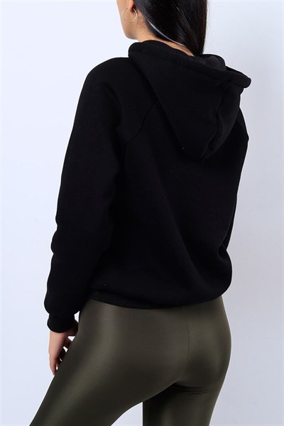 Kapüşonlu İçi Şardonlu Siyah Bayan Sweat 41898