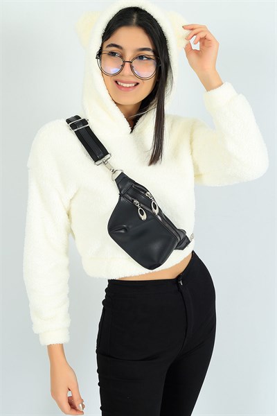 Kapüşonlu Krem Peluş Sweat 24760B