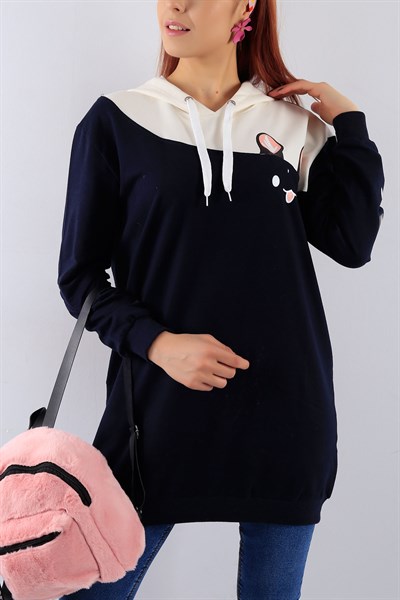 Kapüşonlu Lacivert Bayan Sweat 19424B