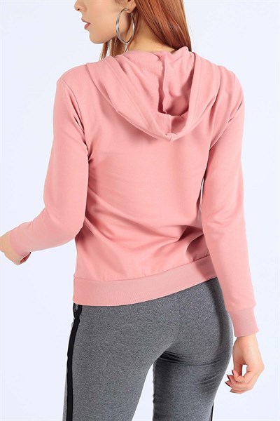 Kapüşonlu Pudra Yarım Fermuar Sweat 25513B