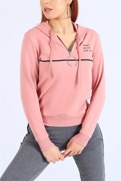Kapüşonlu Pudra Yarım Fermuar Sweat 25513B