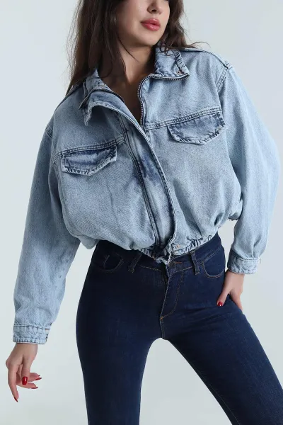 Kar Yıkama Beli Lastikli Bomber Kadın Kot Ceket 493472