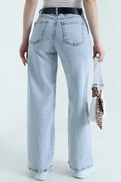 Kar Yıkama Cepli Kemerli Baggy Kadın Kot Pantolon 439848
