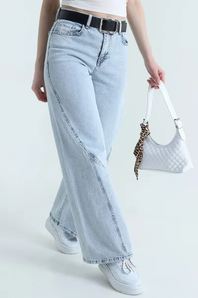 Kar Yıkama Cepli Kemerli Baggy Kadın Kot Pantolon 439848
