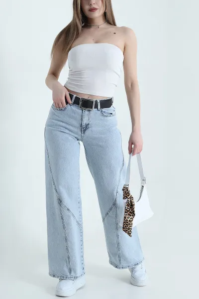 Kar Yıkama Cepli Kemerli Baggy Kadın Kot Pantolon 439848