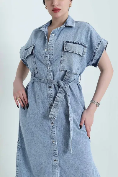 Kar Yıkama Çıtçıtlı Kadın Kot Elbise 451476