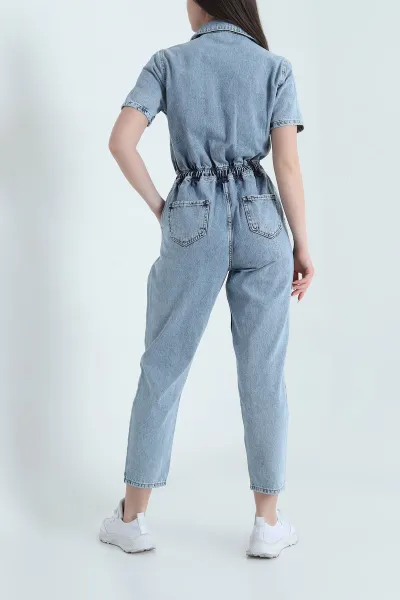 Kar Yıkama Düğmeli Cepli Kısa Kol Kadın Kot Tulum 453941