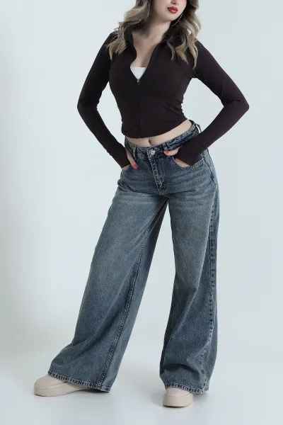 Kar Yıkama Extra Wide Leg Kadın Kot Pantolon 493308
