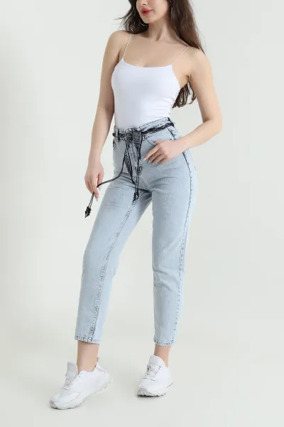 Kar Yıkama Fularlı Mom Kadın Kot Pantolon 450263