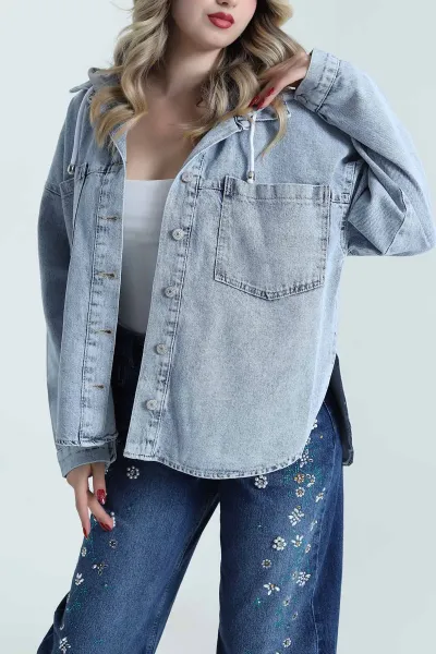 Kar Yıkama Oversize Kapşonlu Kadın Kot Ceket 480965