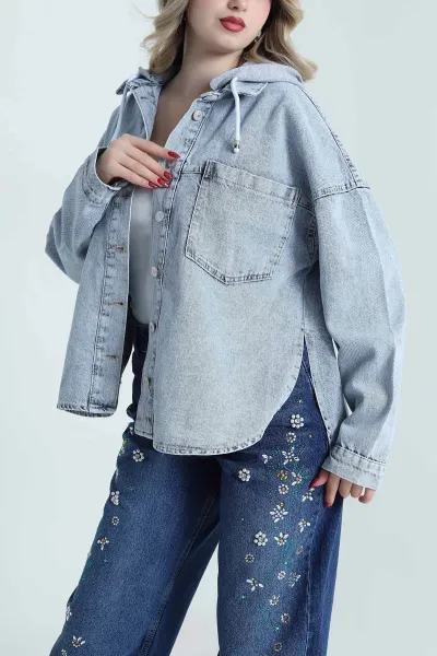 Kar Yıkama Oversize Kapşonlu Kadın Kot Ceket 480965
