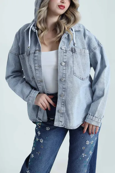Kar Yıkama Oversize Kapşonlu Kadın Kot Ceket 480965