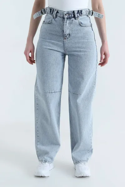 Kar Yıkama Tokalı Baggy Kadın Kot Pantolon 446068