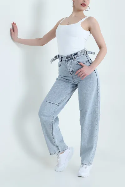 Kar Yıkama Tokalı Baggy Kadın Kot Pantolon 446068