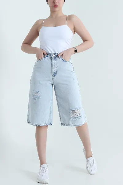 Kar Yıkama Yırtık Baggy Bermuda Kadın Kot Şort 452329