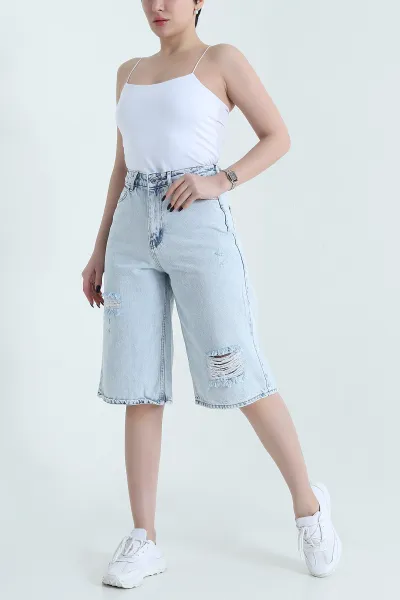 Kar Yıkama Yırtık Baggy Bermuda Kadın Kot Şort 452329