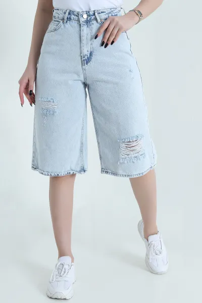 Kar Yıkama Yırtık Baggy Bermuda Kadın Kot Şort 452329