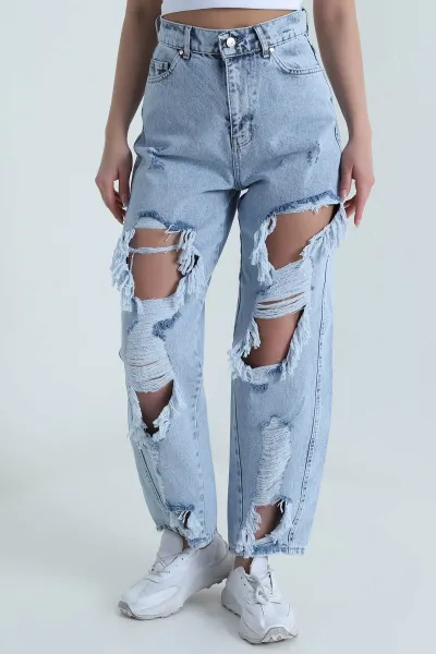 Kar Yıkama Yırtık Tasarım Baggy Kadın Kot Pantolon 459185