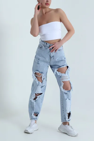 Kar Yıkama Yırtık Tasarım Baggy Kadın Kot Pantolon 459185