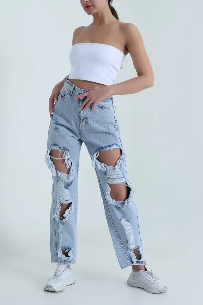 Kar Yıkama Yırtık Tasarım Baggy Kadın Kot Pantolon 459185