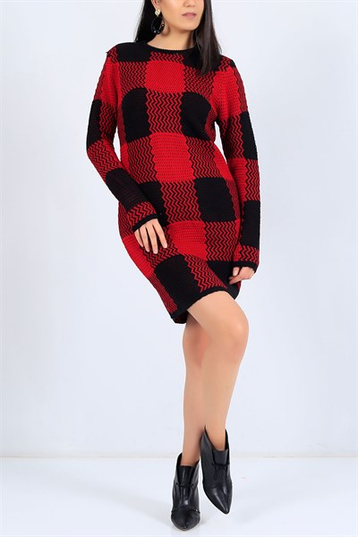 Kare Desen Kırmızı Triko Tunik 24972B