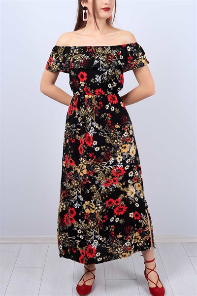 Kayık Yaka Çiçek Desen Bayan Elbise 7776B