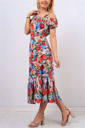 Kayık Yaka Çiçek Desenli Bayan Elbise 8404B