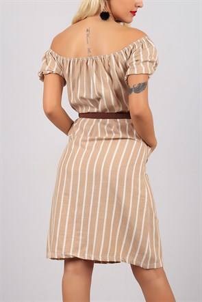 Kayık Yaka Çizgili Krem Bayan Elbise Modeli 8843B