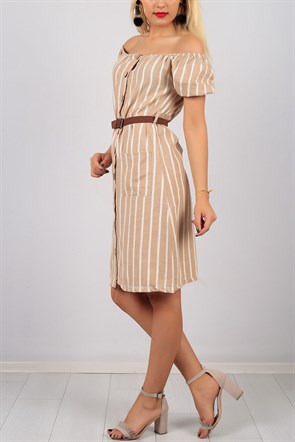 Kayık Yaka Çizgili Krem Bayan Elbise Modeli 8843B