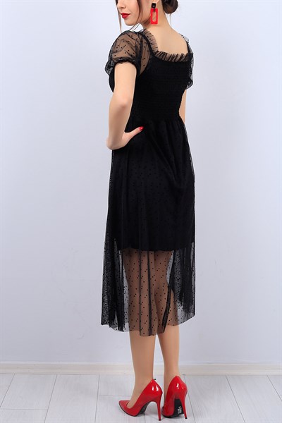 Kayık Yaka Siyah Bayan Tül Elbise 12109B