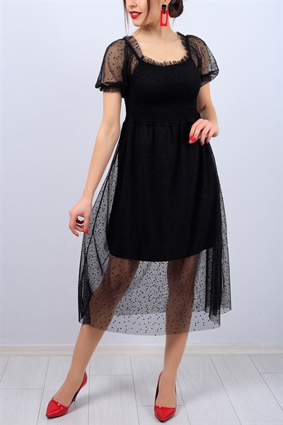 Kayık Yaka Siyah Bayan Tül Elbise 12109B