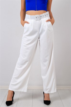 Kemer Detay Beyaz Bayan Kumaş Pantolon 8423B