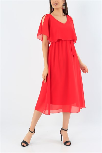 Kemerli Astarlı Kırmızı Şifon Elbise 34931
