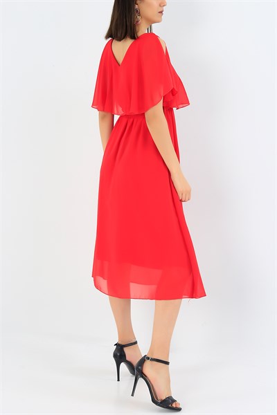 Kemerli Astarlı Kırmızı Şifon Elbise 34931