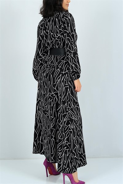 Kemerli Boydan Düğmeli Siyah Elbise 25079B