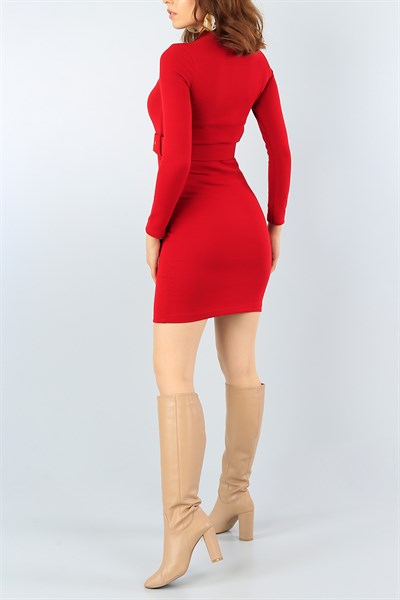 Kemerli Cepli Kırmızı Triko Elbise 40765
