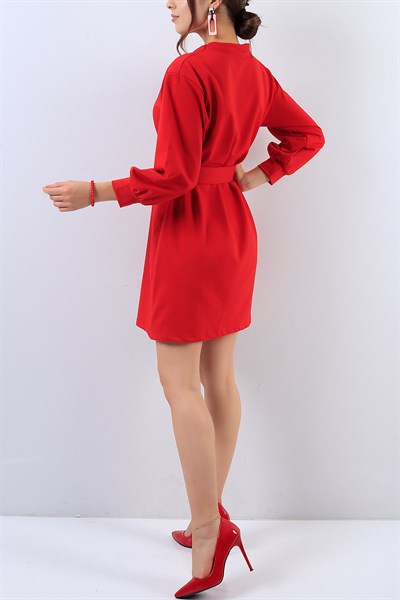 Kemerli Kırmızı Elbise 18127B