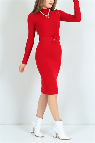 Kemerli Kırmızı Triko Elbise 24833B