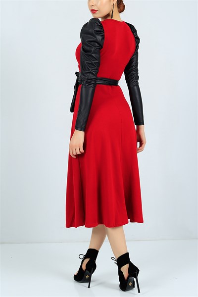 Kemerli Kolları Deri Kırmızı Triko Elbise 24339B