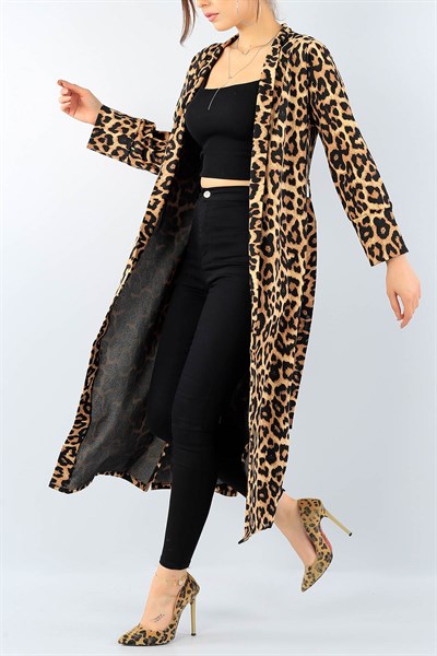 Kemerli Leopar Desen Bayan Ceket 38513